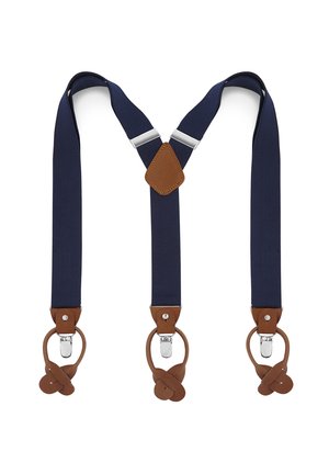 Marineblå Y-rygg seler med brune lærdetaljer og sølvfargede festeklemmer i hver ende.