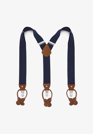 Marineblå Y-rygg seler med brune lærdetaljer og sølvfargede festeklemmer i hver ende.