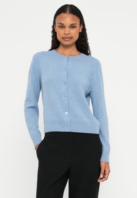 Svetlo modri cardigan iz mehkega materiala, s krožnim izrezom, dolgimi rokavi in zapenjanjem na sprednji strani s šestimi gumbi.