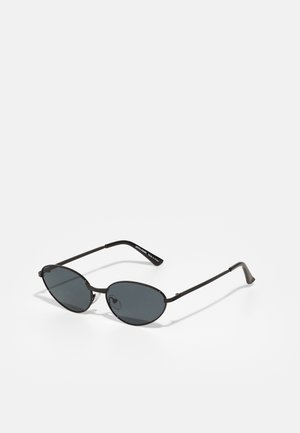 Ochelari de soare ovali negri cu lentile întunecate, cadru subțire din metal și brațe curbate. Design minimalist, fără hardware sau accente vizibile.