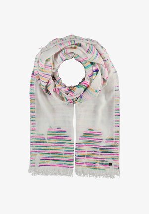 Écharpe blanche avec des rayures horizontales multicolores et des bords à franges, pliée en boucle circulaire avec les deux extrémités pendantes.