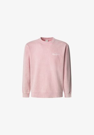 Sweatshirt de algodão rosa com mangas longas, decote redondo e um logótipo bordado branco no peito. Tecido suave, ligeiramente texturizado.