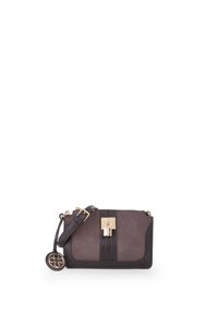 Borsa in pelle di colore grigio scuro e taupe, con chiusura a scatto frontale e finiture dorate. Presenta una tracolla removibile e un emblema.