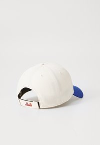 White cotton cap with a blue bill, featuring an embroidered "Mets" logo in blue, orange, and white on the adjustable strap.