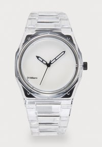 Clear rectangular watch with a white dial, black hour and minute hands, and a transparent plastic strap. Features brand logo "D1 Milano."