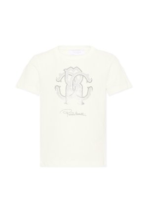 Crèmekleurig T-shirt met korte mouwen, een gestippeld logo en een cursief tekstontwerp centraal op de voorkant.