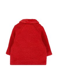 Cappotto di lana rosso con texture, con ampio colletto, esposto piatto da dietro, che mostra maniche lunghe e una forma squadrata.