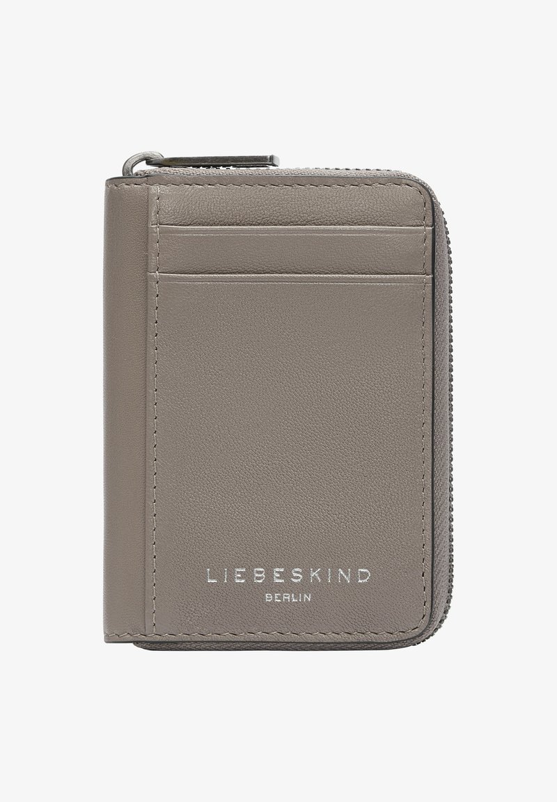 Kompaktowy portfel zapinany na zamek w teksturowanej szarej skórze, z miejsca na karty i tłoczonym logo z przodu, zapewniający łatwy dostęp i organizację.