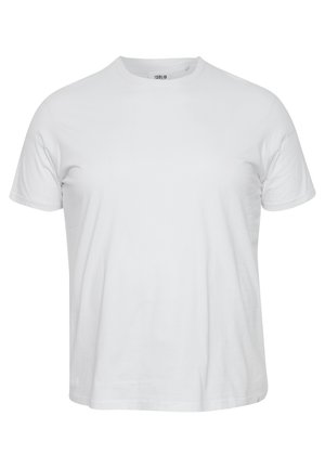 Weißes Baumwoll-T-Shirt mit kurzen Ärmeln, rundem Halsausschnitt, geradem Schnitt und glatter Textur. Etikett im Halsausschnitt sichtbar.