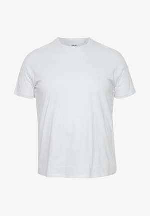 Bela bombažna majica s kratkimi rokavi, okroglo dekolte, ravnega kroja in gladko teksturo. Oznaka vidna znotraj dekolteja.