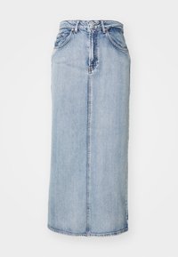Light blue denim midi skirt with a fitted waistband, front seam, and side pockets; features a slightly faded texture.