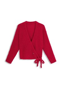 Czerwony sweter z dzianiny w kształcie płaszcza z głębokim dekoltem w kształcie V, długimi rękawami i wiązaniem w talii, o teksturowanym wykończeniu oraz małym metalowym akcentem.