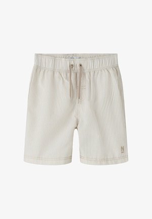 Beige og hvide lodrette stribede elastiske shorts med snøre i taljen og lille syet logo på nederste højre ben.
