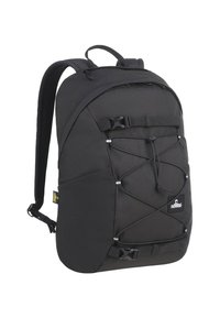 Zwarte rugzak met een strak ontwerp, voorzien van verstelbare schouderbanden, bungee koorden aan de voorkant en een gewoven stofafwerking.