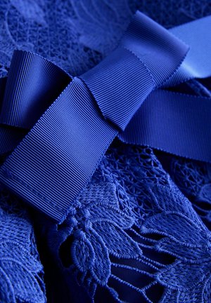 Blue textured lace fabric with a large ribbed satin bow tied in the center, showcasing intricate floral patterns and fine stitching details.