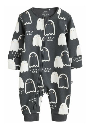 Body per neonati in cotone grigio con stampa di fantasmi su tutta la superficie e testo "LITTLE BOO", zip frontale completa e maniche lunghe con polsini.