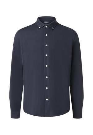 Navy Langarmhemd aus einem glatten Stoff mit einem Button-Down-Kragen und weißen Knöpfen entlang der vorderen Leiste. Abgerundetem Saum.