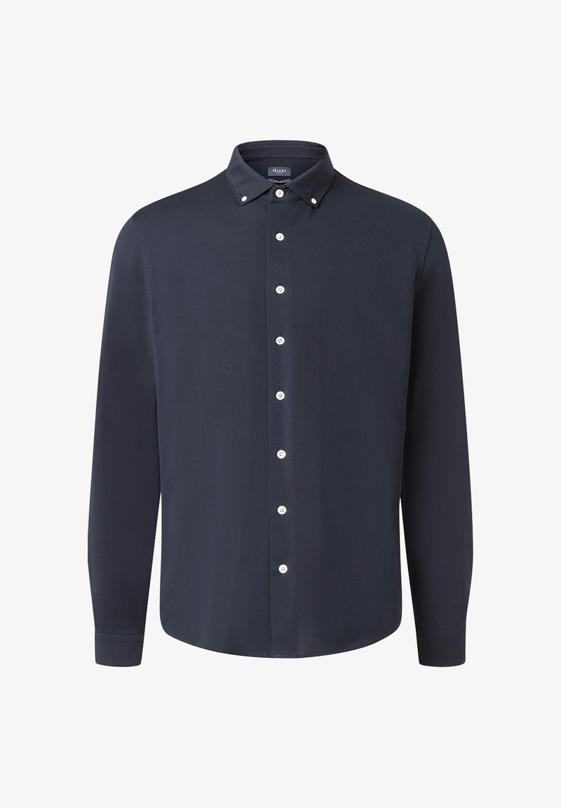 Camicia a maniche lunghe blu navy in tessuto liscio, con colletto a punta e bottoni bianchi lungo la patta frontale. Orlo arrotondato.