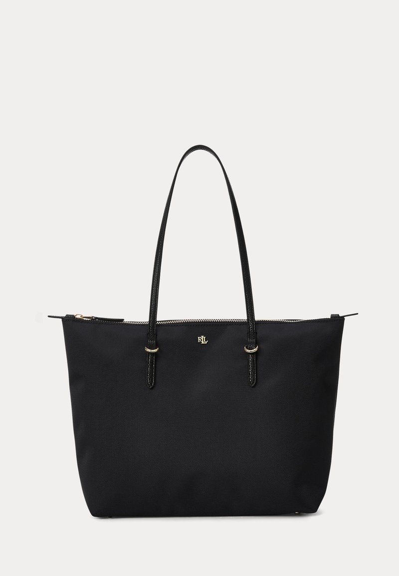 Sac cabas noir avec longues poignées, fermeture éclair dorée et petit logo doré "RL" au centre devant.