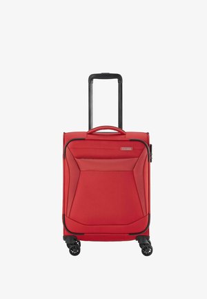 Red carry-on suitcase with a textured fabric exterior, retractable black handle, four black wheels, and a front zippered pocket for storage.