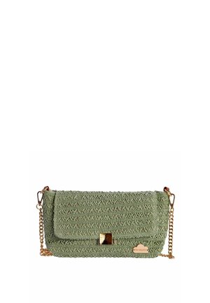 Bolso bandolera tejido verde con correa de cadena dorada y cierre rectangular dorado, con una pequeña etiqueta dorada de la marca en la parte inferior derecha.