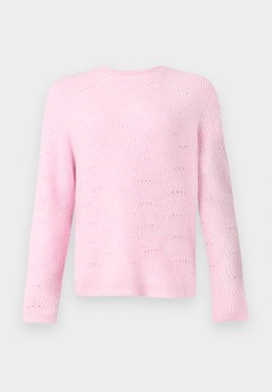 Lichtroze trui met een geribbelde textuur en golfpatroon, voorzien van lange mouwen en een ronde hals, gepresenteerd tegen een neutrale achtergrond.