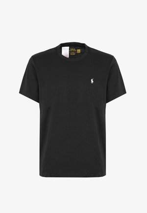 T-shirt nera in cotone con scollo rotondo. Presenta un piccolo logo ricamato bianco sul lato sinistro del petto. Maniche corte, vestibilità classica.