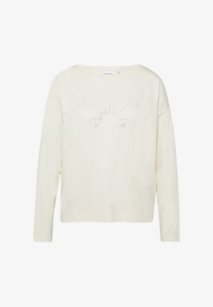 Długorękawowa bluza w kolorze ecru z nadrukiem kropkowanego słońca i słowem "SOULSHINE" na środku klatki piersiowej, z etykietą "COMMA" wewnątrz kołnierza.
