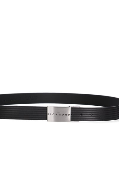 Black leather belt with a silver rectangular buckle engraved with "JOHN RICHMOND" in black letters.