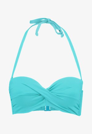 Turkio spalvos bandeau maudymosi kostiumėlio viršus su suktuku priekyje, reguliuojamomis kaklo juostelėmis ir sagtimi nugaros pusėje. Lygus audinio paviršius.