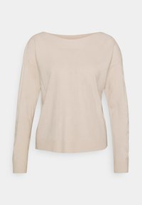 Beige, lange mouwtrui gemaakt van zacht materiaal, met een wijde halslijn en ribgebreide details bij de mouwen en de zoom. Eenvoudig ontwerp.