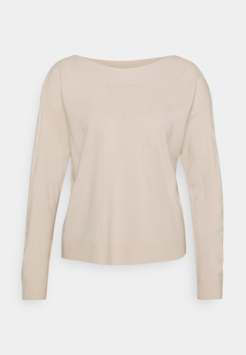 Beige, lange mouwtrui gemaakt van zacht materiaal, met een wijde halslijn en ribgebreide details bij de mouwen en de zoom. Eenvoudig ontwerp.