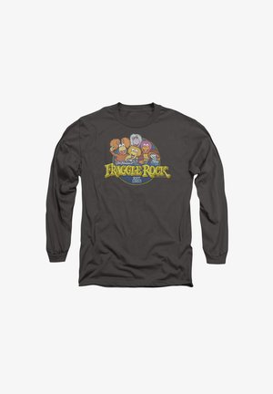 Langarm-T-Shirt in Anthrazit mit einem bunten Fraggle Rock-Graphic, das Charaktere und Text zeigt, auf weichem Stoff bedruckt.
