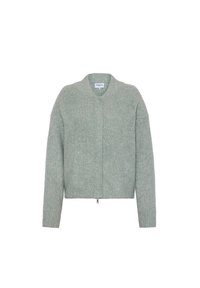 Grüne gestrickte Strickjacke mit strukturiertem Gewebe, offenem Vorderteil und niedrigem Kragen. Verfügt über zwei Seitentaschen und einen Reißverschluss am Saum.