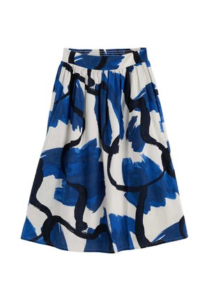 Bela krilo dolžine do kolen z modrimi abstraktnimi potezami čopiča in črnimi valovitimi linijami, elastičen pas in nabran material.