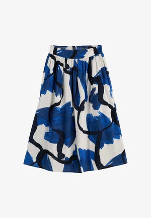 Gonna bianca fino al ginocchio con motivi astratti di pennellate blu e linee ondulate nere, vita elastica e tessuto arricciato.