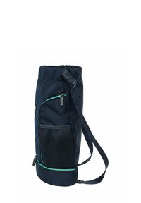 Borsa a cordino blu navy realizzata in tessuto resistente, dotata di una tasca laterale in rete, dettagli verdi, spallacci regolabili e una cerniera sicura.