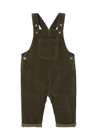 Olive green corduroy overalls with adjustable straps, metal snaps, a front pocket, and rolled cuffs at the ankle. Textured ribbed fabric.