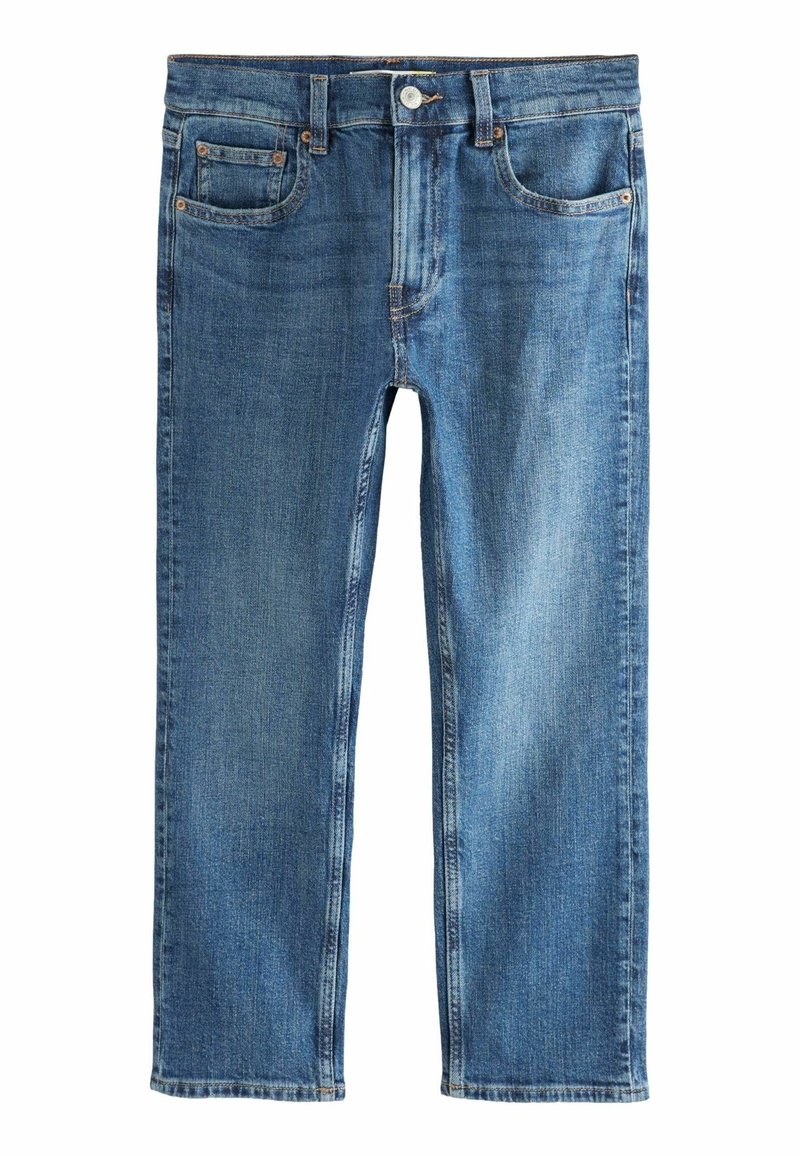 Jean en denim bleu avec un design classique à cinq poches, fermeture par boutons et coupe droite, sur fond blanc.