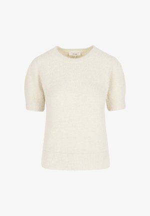 Short-sleeve, knitted sweater in off-white, featuring a round neckline and soft, textured fabric with a ribbed hem and sleeves.