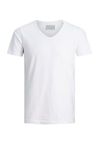 Weißes Baumwoll-T-Shirt mit V-Ausschnitt. Kurze Ärmel, glatte Textur und Markenlabel am Ausschnitt. Klassische Passform.