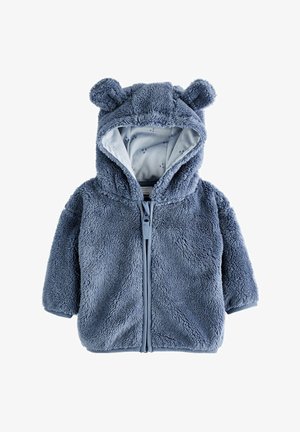 Jachetă căptușită, blândă, cu glugă, de culoare albastră, cu urechi de urs, închisă cu fermoar frontal și căptușeală moale. Exterior texturat și interior neted cu un model mic tipărit.