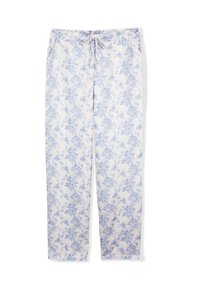 Lichte, crèmewitte broek met een blauw bloemenpatroon, elastische tailleband en verstelbaar trekkoord. Gladde textuur, rechte pasvorm.