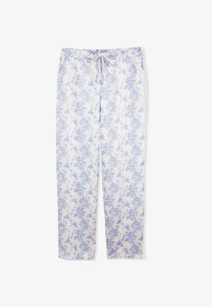 Lekkie, kremowe spodnie w niebieski kwiatowy wzór, z elastycznym pasem i regulowanym sznurkiem. Gładka faktura, prosty fason.