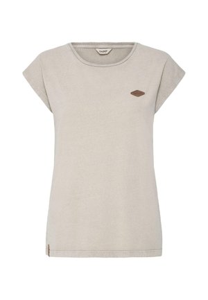 Naiste beež lühikeste varrukatega t-särk ümmarguse kaelusega ja vasaku ülemise rinna kohal väikese pruuni logoplaadiga.