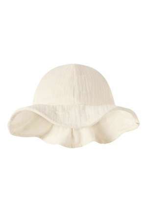 Soft white fabric sun hat with a rounded crown and wide, gently ruffled brim for sun protection.