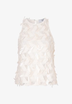 Witte mouwloze top met een gestructureerd ontwerp, gelaagde stofaccenten en een opening aan de achterkant, vervaardigd uit lichtgewicht materiaal.