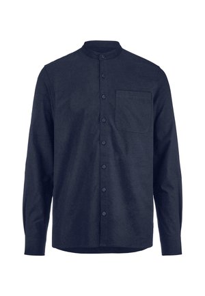 Marineblauses Longsleeve-Shirt mit Stehkragen, vorderen Knöpfen und einer einzelnen Brusttasche. Hergestellt aus einem glatten, strukturierten Stoff.