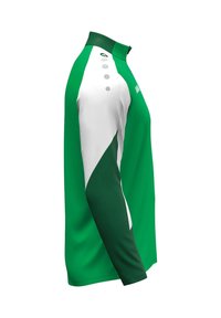 Maglietta polo a maniche lunghe verde e bianca, con colletto zip, pannelli laterali a contrasto, cinque bottoni sul colletto e una texture liscia.