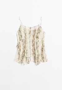 Beige slangenprint topje met dunne bandjes, gelaagde ruffles aan de onderrand, lichtgewicht stof en een zachte textuur. Geschikt voor casual dragen.